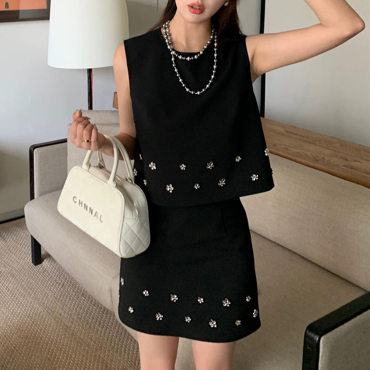 ノースリーブフラワーパーツミニスカートセットアップ