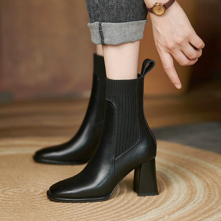 レザーリブストレッチショートブーツ