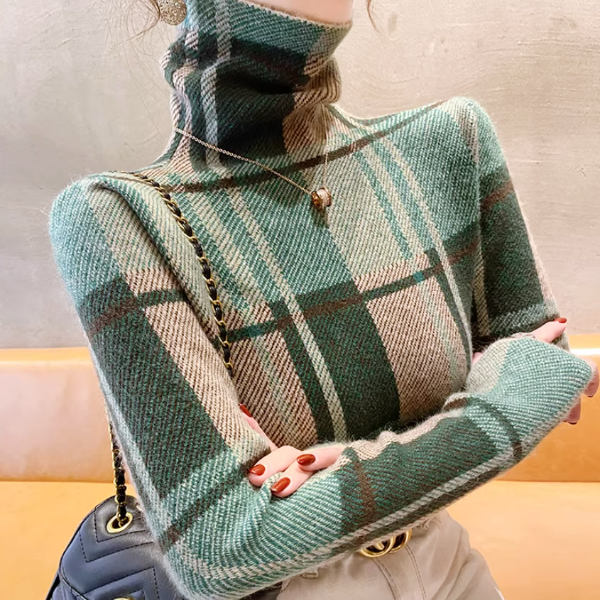 チェック柄タートルネックトップス