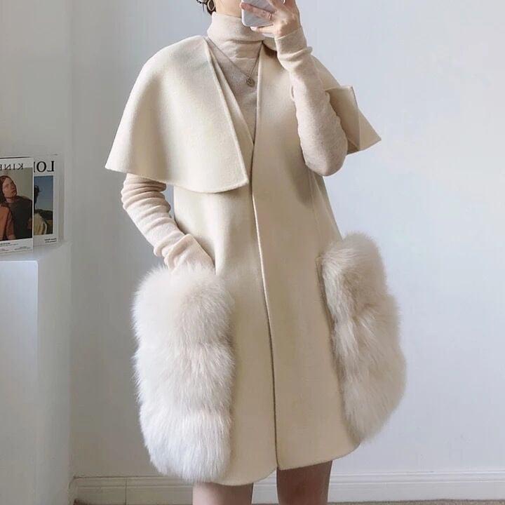 FOXファーウールケープコート