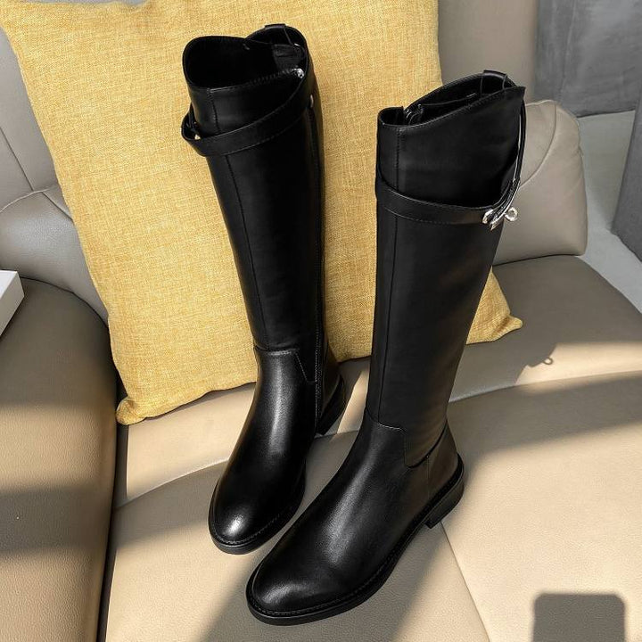 レザーバックルロングブーツ