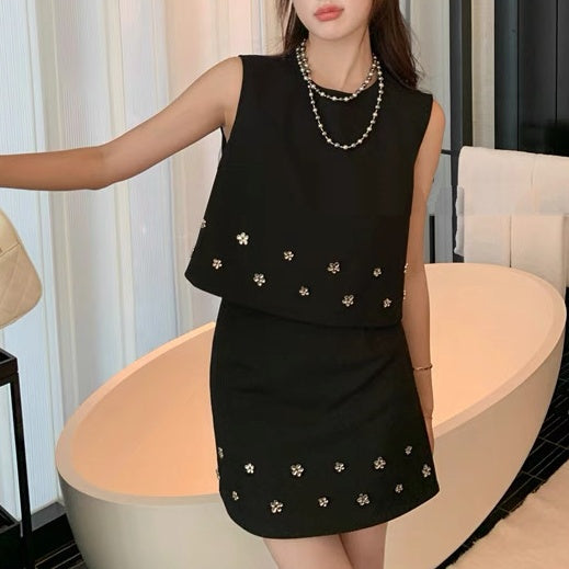 ノースリーブフラワーパーツミニスカートセットアップ