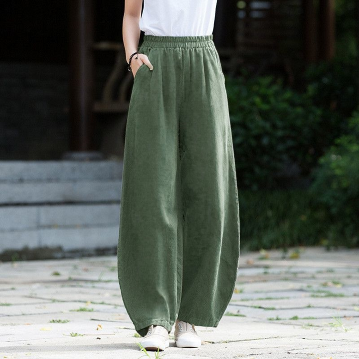 エレガントなプレーンリネンワイドレッグパンツ