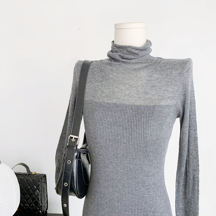 シースルーハイネックタイトニットワンピース