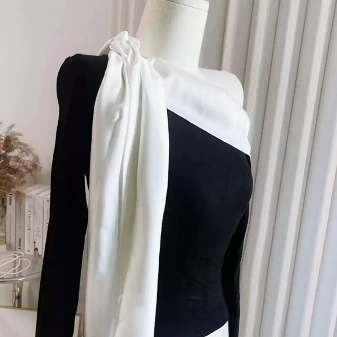 バイカラーオフショルダーリボントップス