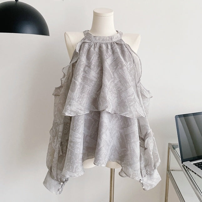 デザインプリントホルターネックトップス