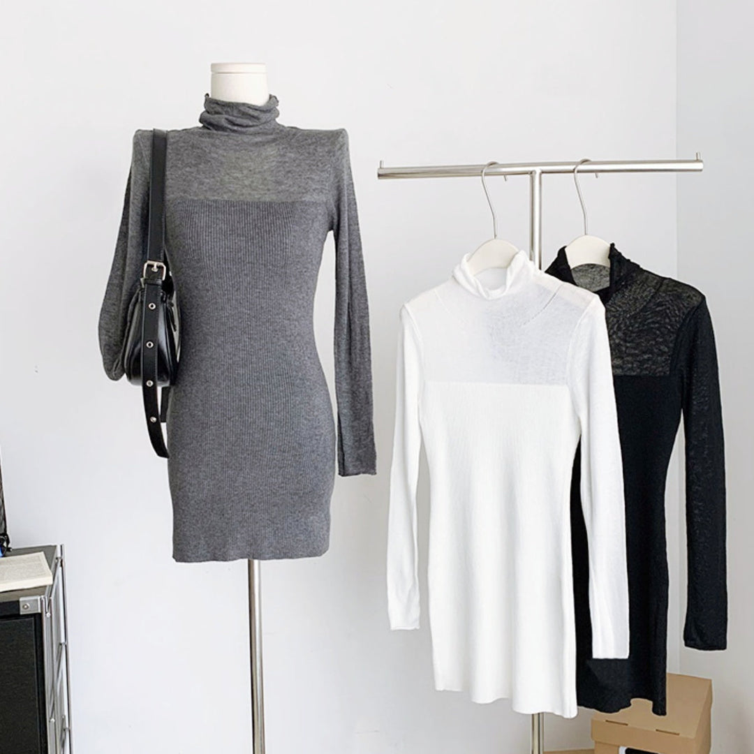 シースルーハイネックタイトニットワンピース