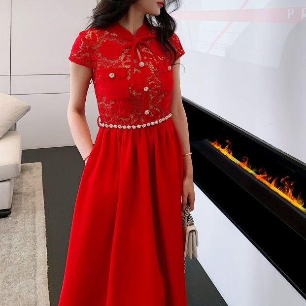 レッドレースリボンタイドレス