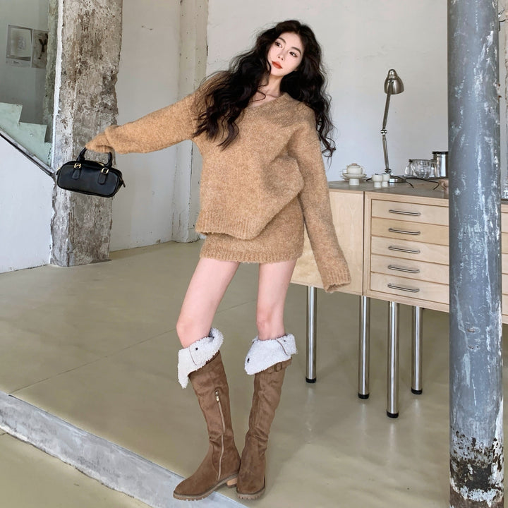 Vネックニットスカートセットアップ