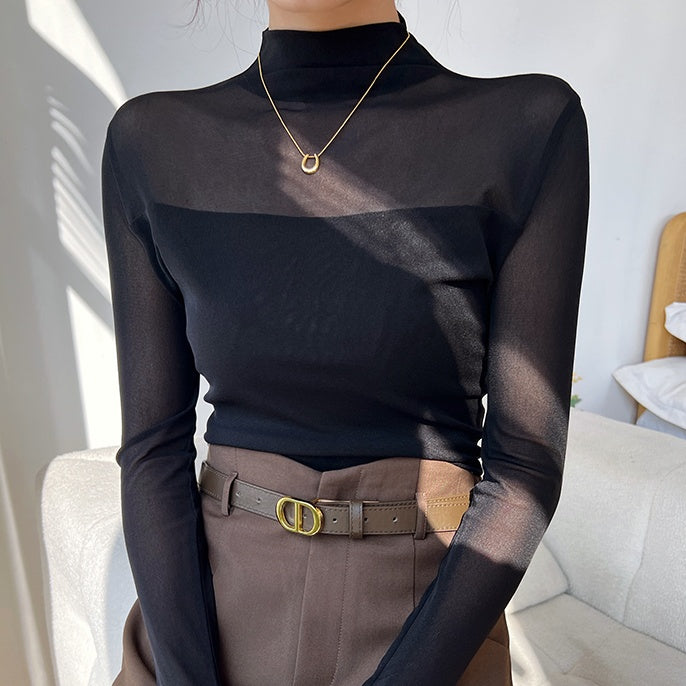 ハイネックシースルートップス