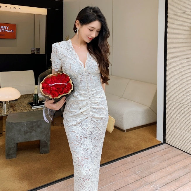 フレンチレトロVネックレースドレス