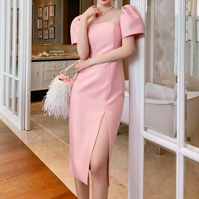 スクエアカラーパフスリーブスリットドレス