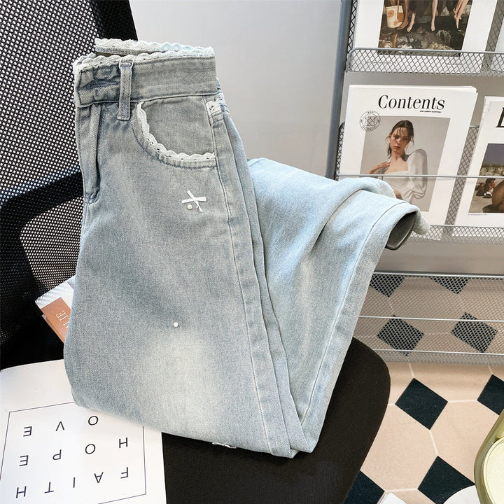 ハイウエストレースリボンワイドデニムパンツ