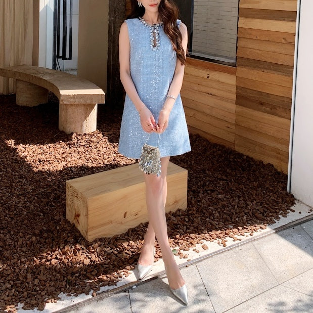 ノースリーブスパンコールデザインミニワンピース