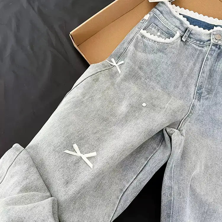 ハイウエストレースリボンワイドデニムパンツ