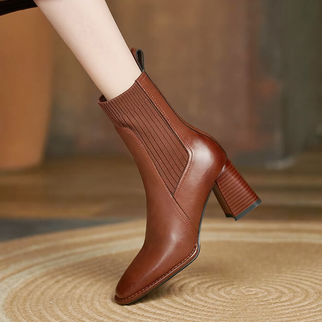 レザーリブストレッチショートブーツ