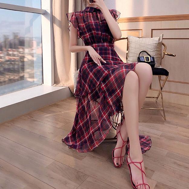 チェック柄シフォンワンピース