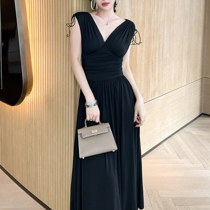 Vネックシャーリングロングワンピース