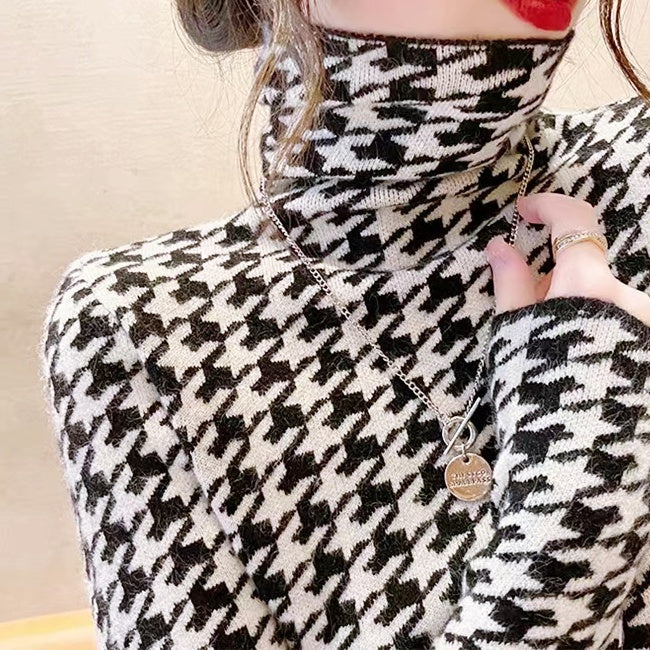 千鳥格子柄タートルネックトップス