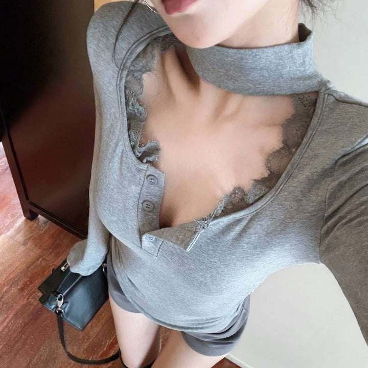 Uネックレースコンビトップス