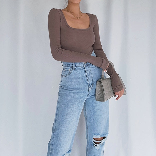 Uネックロングスリーブトップス