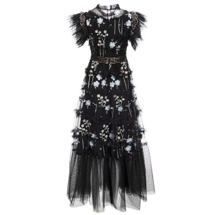 オーガンジーフリルフラワーロングドレス