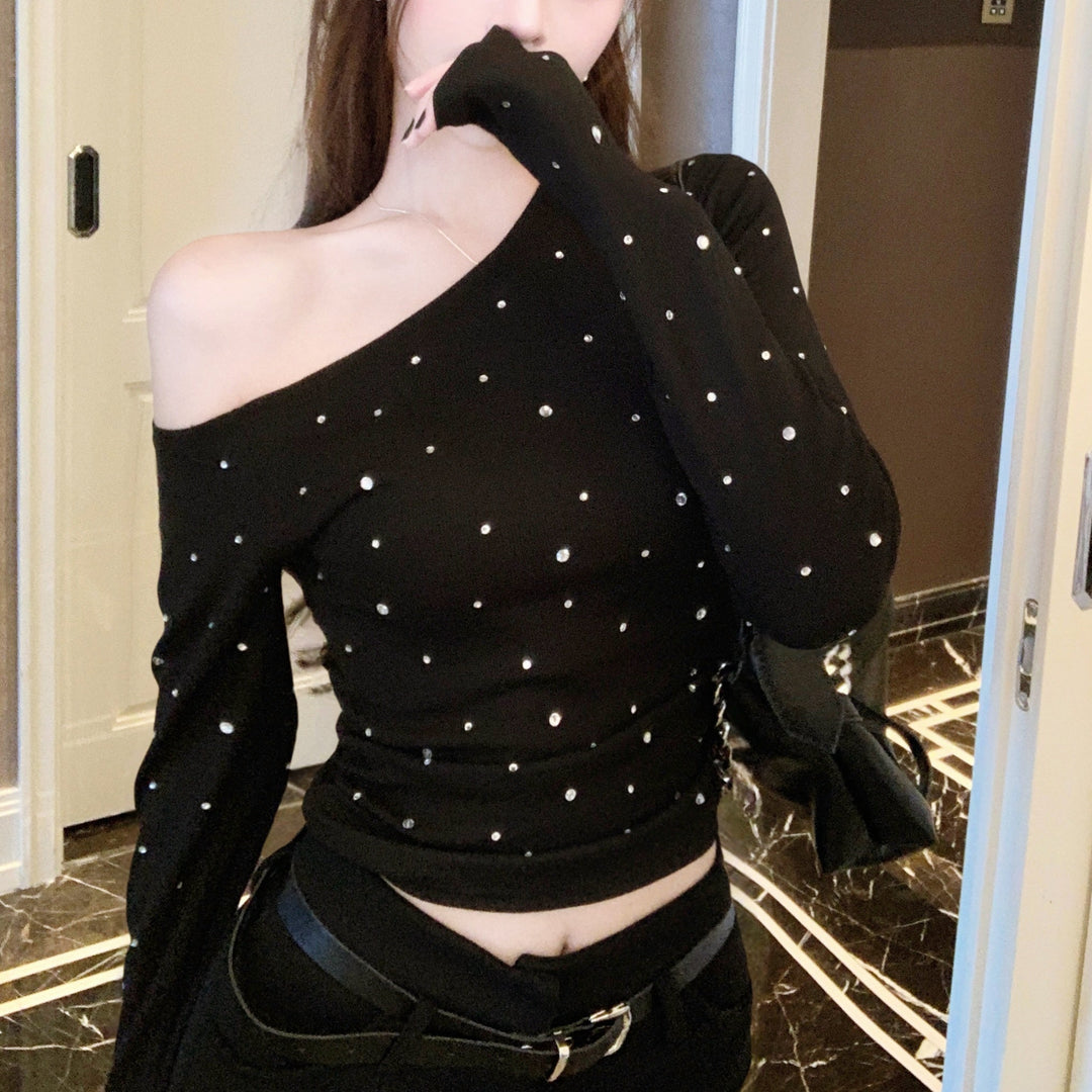 オフショルダーラインストーンタイトトップス