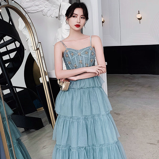 アイスブルービジューシフォンロングドレス