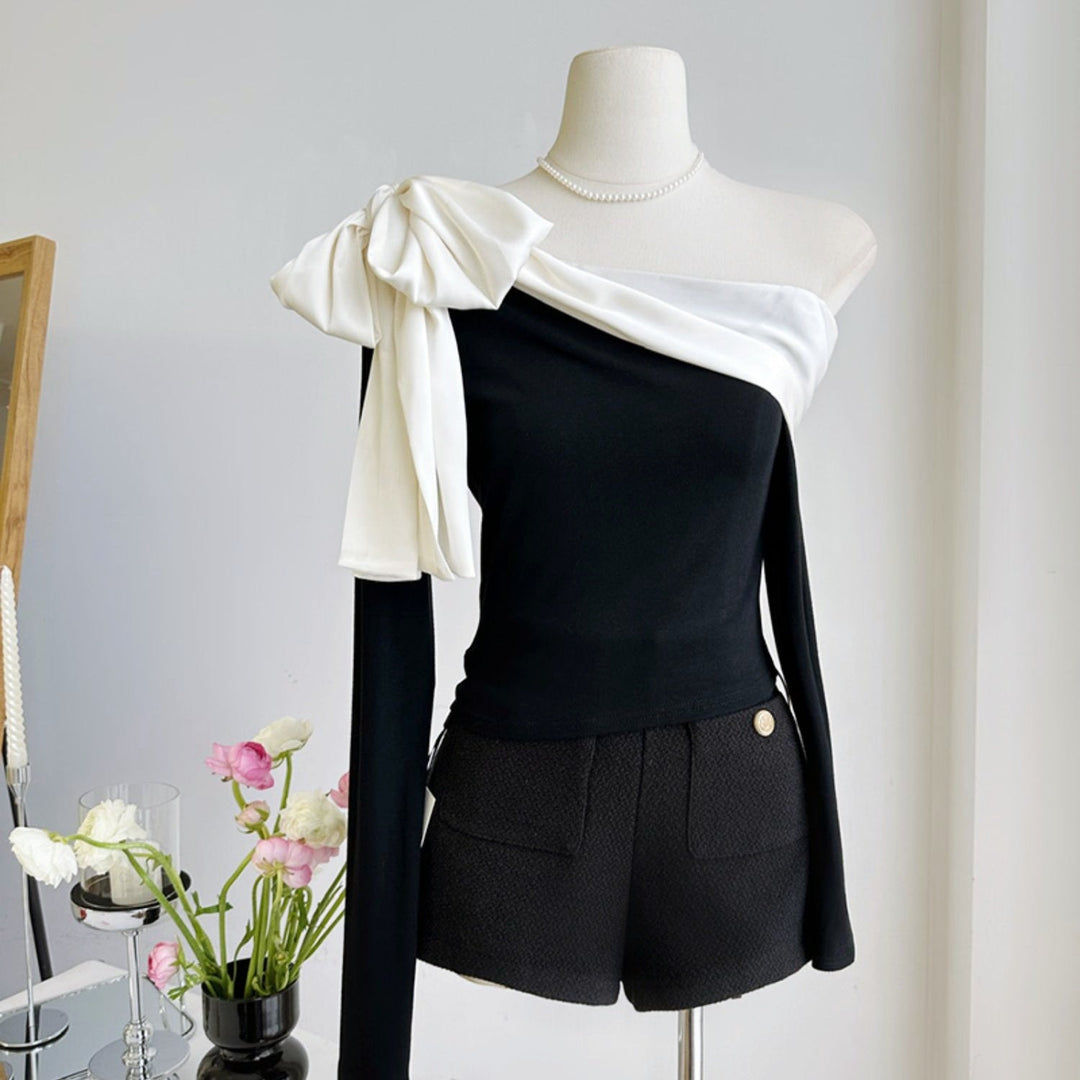 バイカラーオフショルダーリボントップス