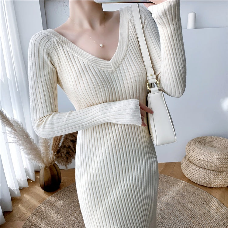 Vネックフレアリブニットワンピース