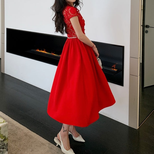 レッドレースリボンタイドレス