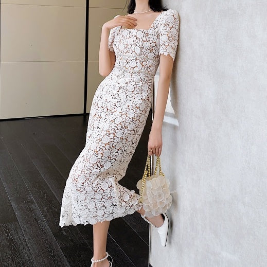 スクエアカラーレースロングワンピース