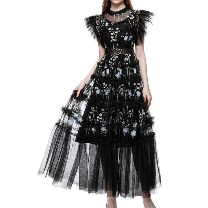 オーガンジーフリルフラワーロングドレス