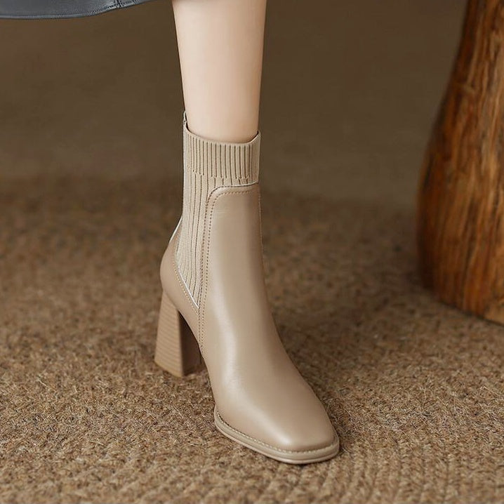 レザーリブストレッチショートブーツ