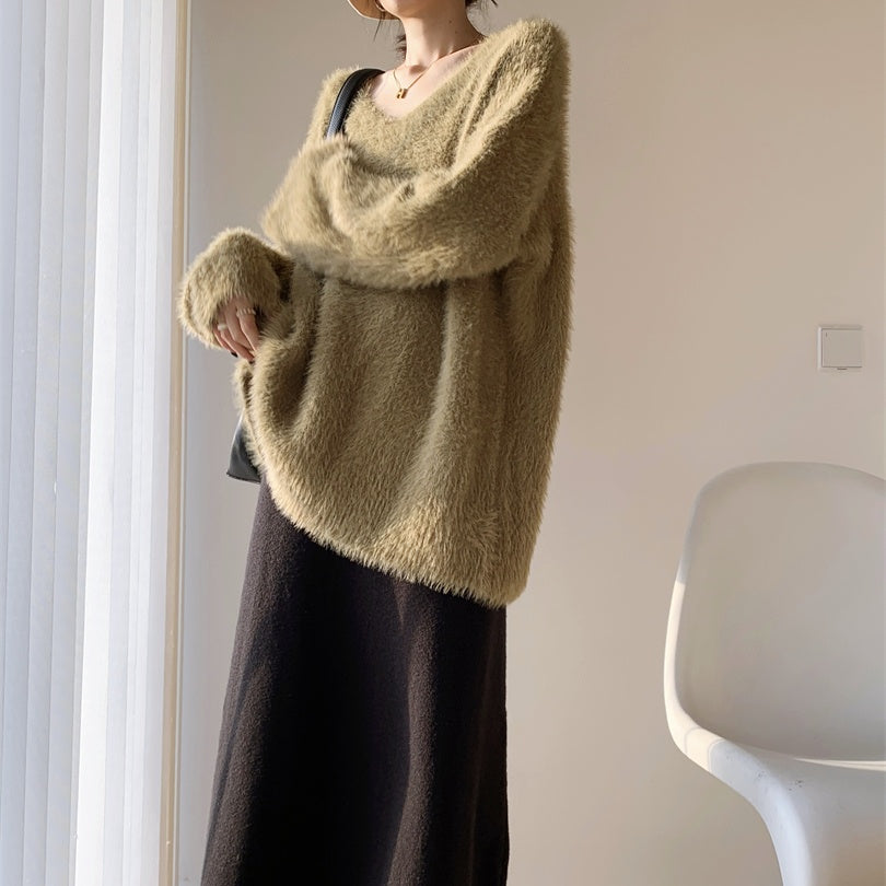 オーバーサイズVネックベルベットニット