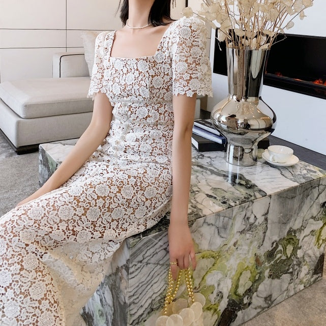 スクエアカラーレースロングワンピース