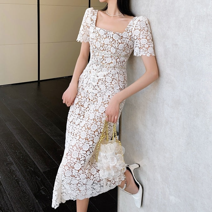 スクエアカラーレースロングワンピース