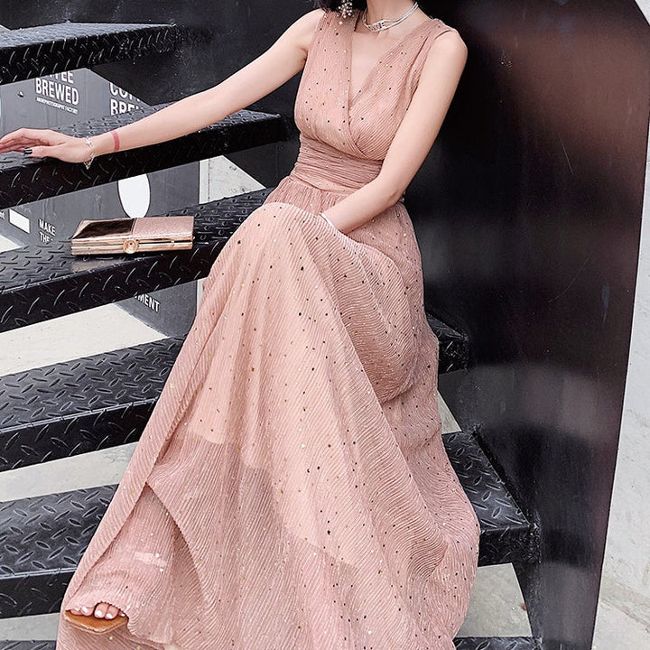 Vネックシャーリングエレガントロングドレス