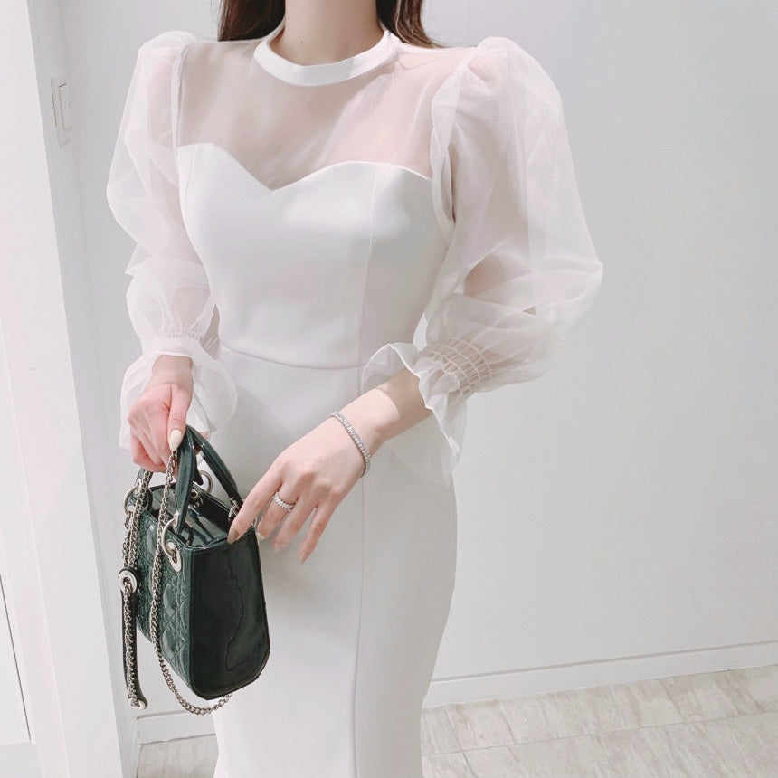 オーガンジースリーブフィッシュテールドレス