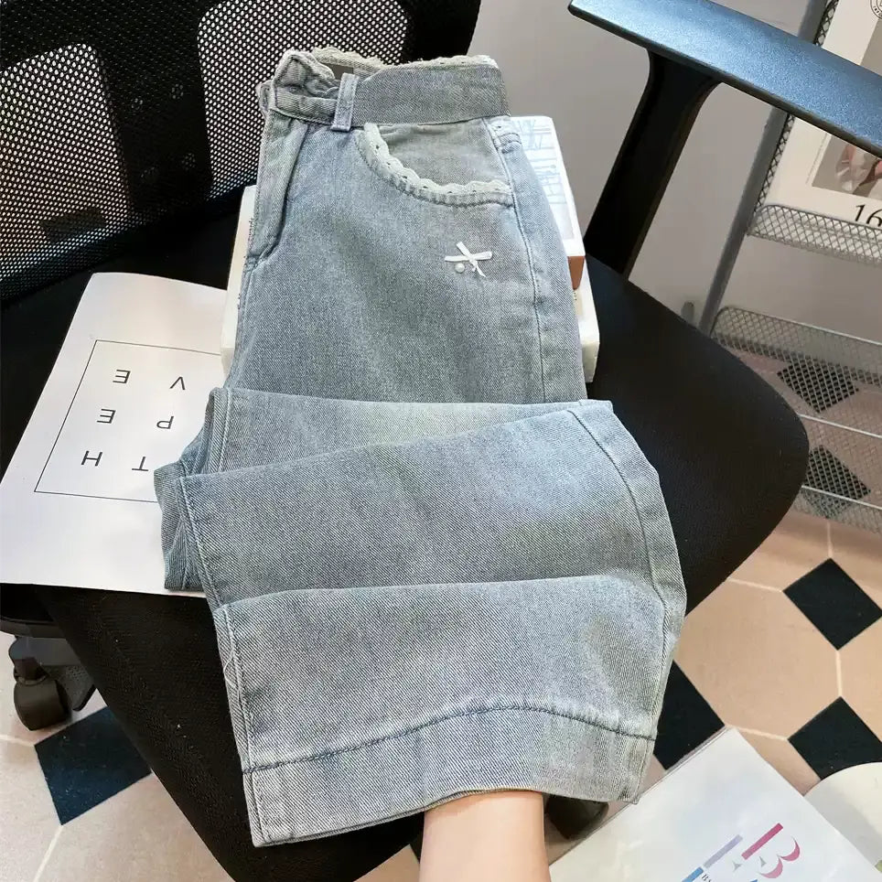 ハイウエストレースリボンワイドデニムパンツ