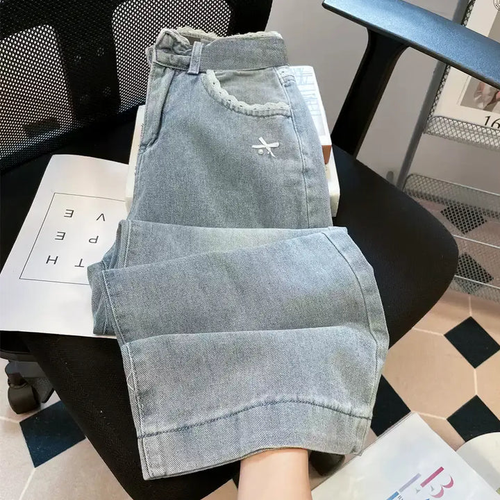 ハイウエストレースリボンワイドデニムパンツ