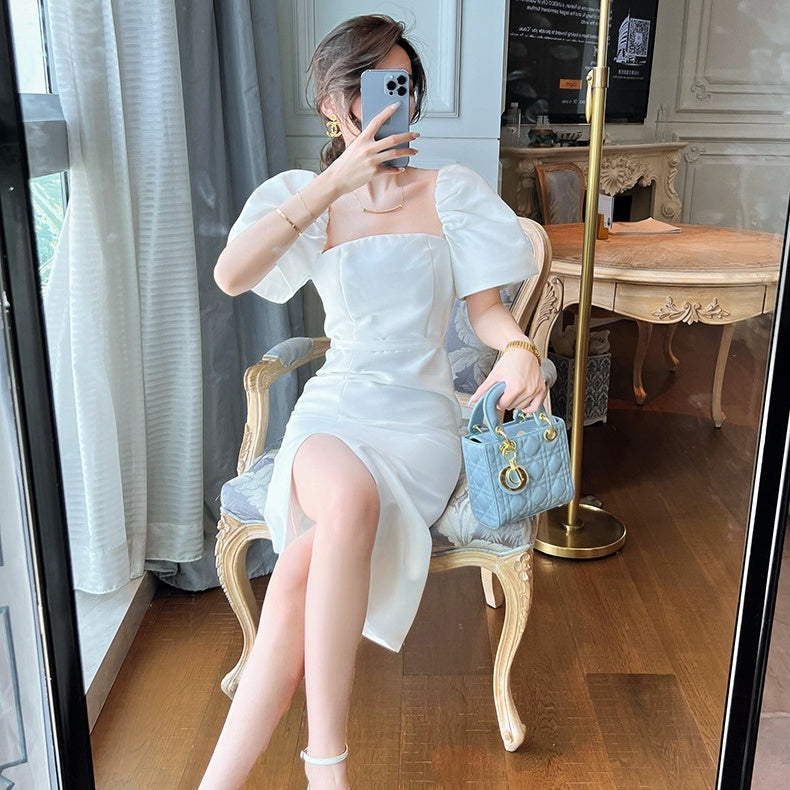 スクエアカラーパフスリーブスリットドレス