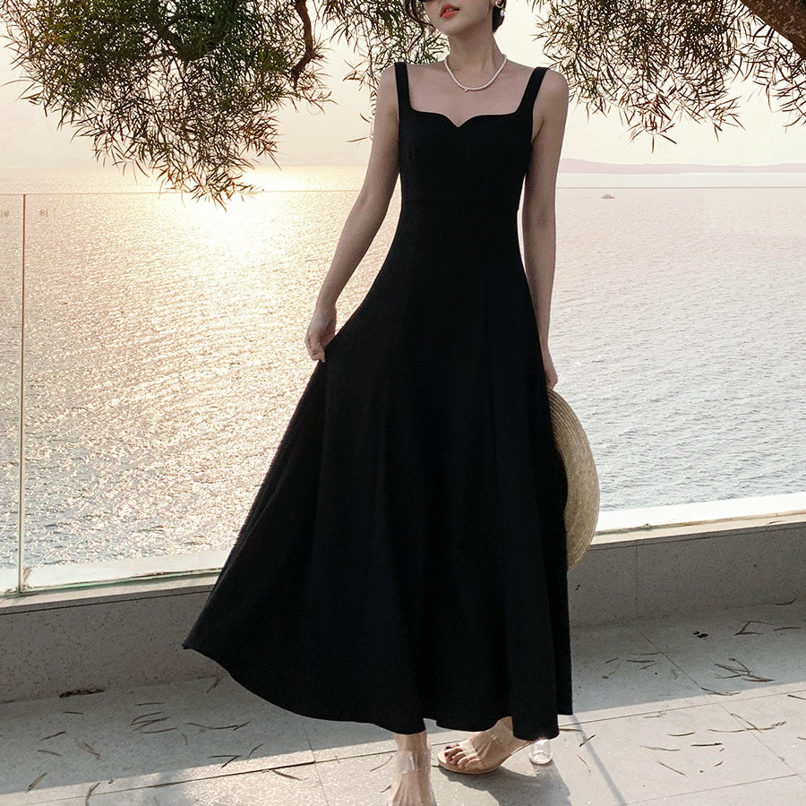 ブラックキャミロングフレアワンピース