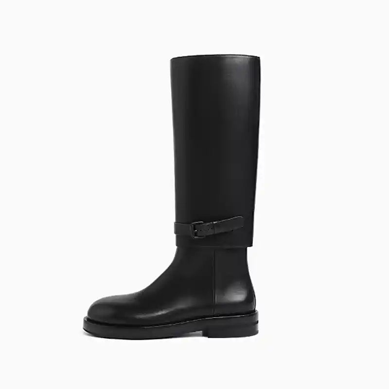 レザーベルトフラットロングブーツ