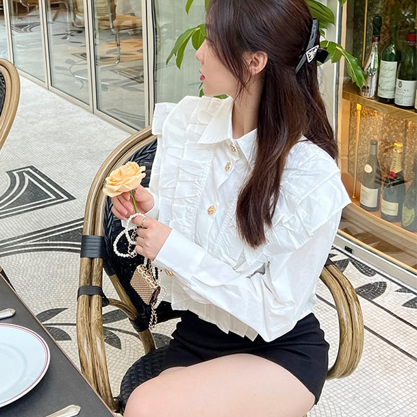 ゴールドボタンラッフルフリルブラウス