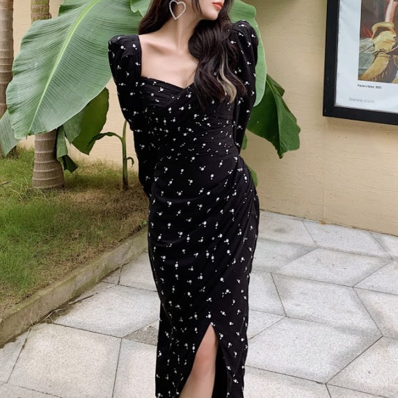 スクエアカラープリントロングワンピース