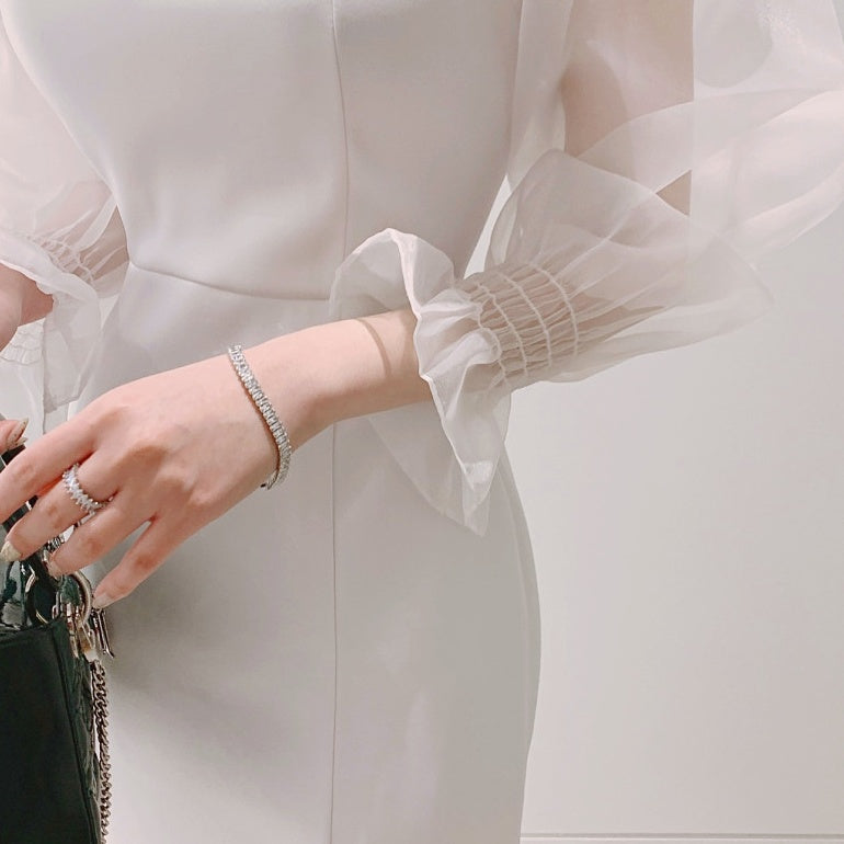 オーガンジースリーブフィッシュテールドレス