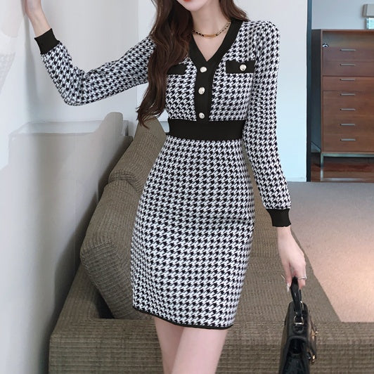 千鳥格子柄Vネックミニワンピース