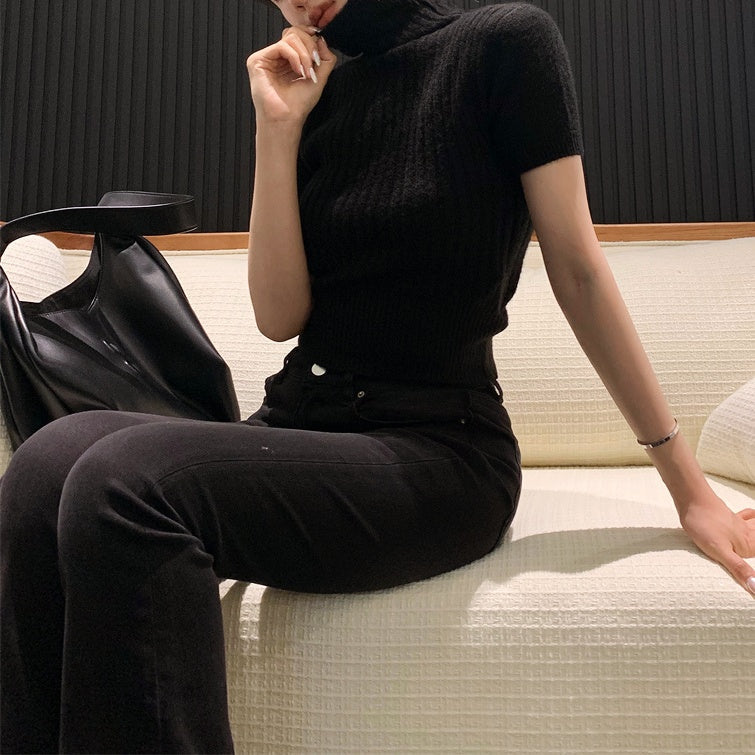 タートルネックハーフスリーブニットトップス