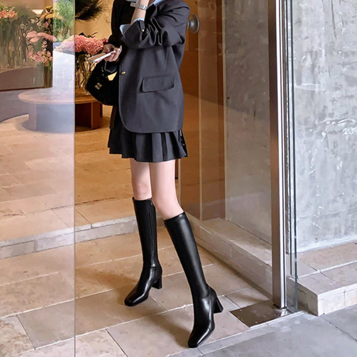 スクエアトゥレザーロングブーツ